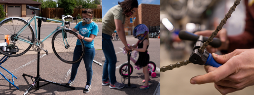 3 photographs of people fixing bicycles outside, including a child's bike