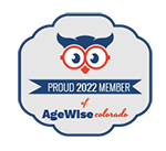 Graphic with and owl and the text proud member 2022 AgeWise Colorado