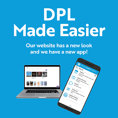 A laptop and a smartphone on a blue background with text that says DPL made easier our website has a new look and we have a new app