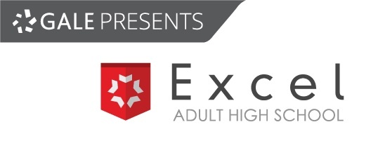 Red badge logo with text that says Gale presents Excel Adult High School
