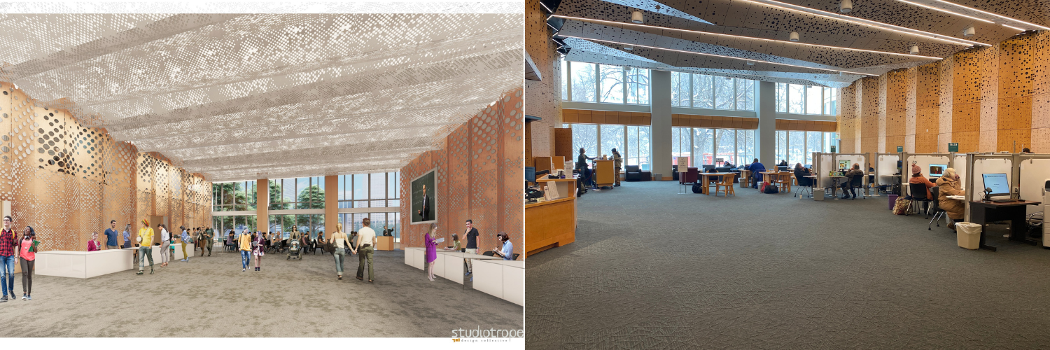 A rendering of the Park View space and a photo of the actual space.