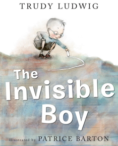 Book cover for The Invisible Boy by Trudy Ludwig features a young boy with glasses drawing on the sidewalk by himself.