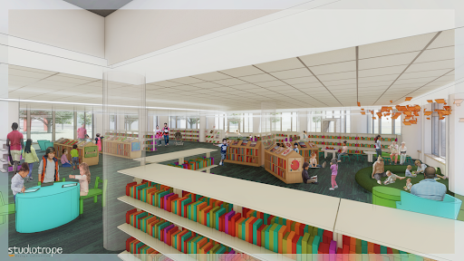 computer graphic rendering of reimagined Children's library