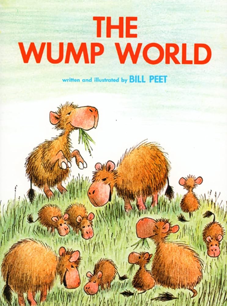 Book cover for "The Wump World" shows the furry wumps grazing on a grass field.