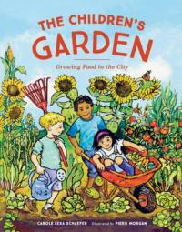 Children's book cover featuring three diverse children smiling in a sunflower garden