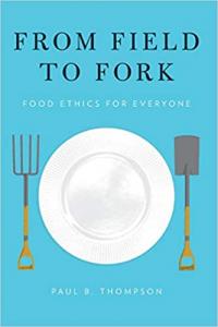 From Field to Fork book cover with dinner plate, a shovel, and hay rake next to it, mimicking a fork and knife 