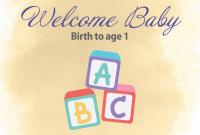 pastel yellow background with multicolor "A, B, C" blocks and text that reads: Welcome Baby - Birth to age 1
