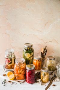 Photo of different jars of homemade pickles.