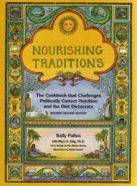 Book cover of Nourishing Traditions that features illustrations of diverse peoples engaged in foodways
