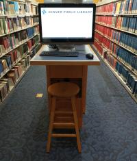 Denver Public Library computer with books in the background