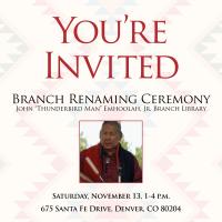 Invitation to celebration, showing a picture of John "Thunderbird Man" Emhoolah Jr. 