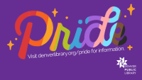 purple banner with the word Pride in rainbow letters