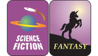 One sticker for science fiction with a ringed planet and one sticker for fantasy with a rearing unicorn