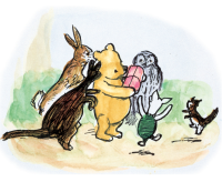 Illustration from the book Winnie-the-Pooh showing Pooh holding a package surrounded by Rabbit, Owl, Kanga, Roo, and Piglet.