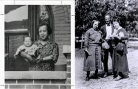 Two images stitched together. The left photo shows Dr. Justina Ford holding a child. The right photo shows her standing outside with an unnamed man and woman.