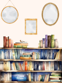 a watercolor illustration of mirrors and a bookshelf