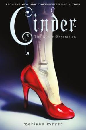 Book cover for Cinder showing a mechanical leg in a red high heel shoe