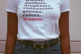 woman wearing feminist t-shirt