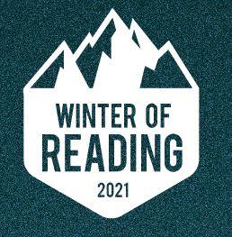 white mountains icon on teal background that reads Winter of Reading 2021