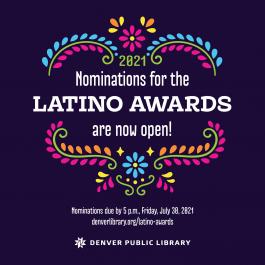 Latino Awards flyer with a purple background image with colorful patterns with nomination information. 