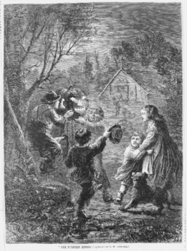 engraving of 3 children holding up a Jack-o-lantern as 2 other children look on in fear.