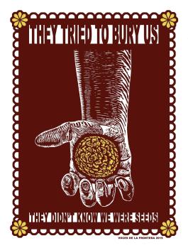 Illustration of hand holding seeds with text that says, 'they tried to bury us they didn't know we were seeds'
