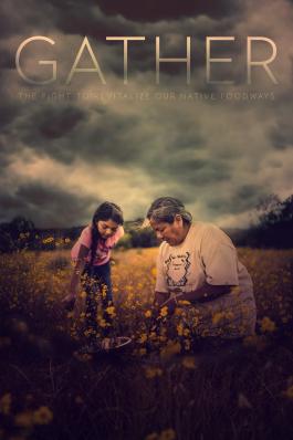 Film cover of "Gather" featuring a photo of Twila Cassadore teaching her young relative how to forage