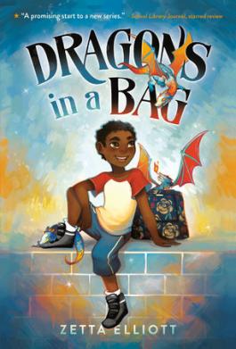 Dragons in a Bag book cover with a smiling Black boy sitting on a wall next to a baby dragon.