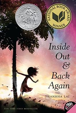 Book cover of Inside Out and Back Again with the silhouette of a girl leaning from a tree lit by the sunset.