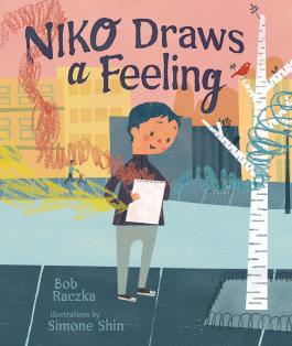 Niko Draws a Feeling book cover with a boy drawing in a notebook with crayon marks floating off the page