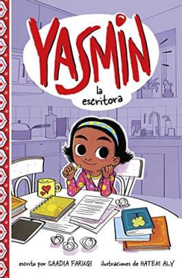 Yasmin the Writer book cover with girl sitting at a table covered with books