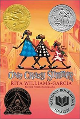 Book cover of One Crazy Summer with three Black girls crossing a street against an orange backdrop.
