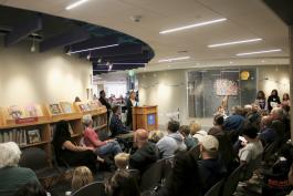 Photograph of opening ceremony at the entrance to new Children's Library. 