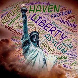 Statue of Liberty with welcoming words in the background 