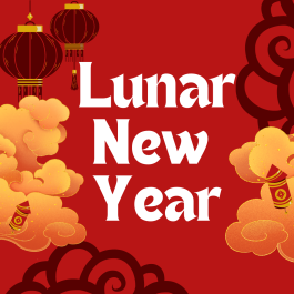 Lunar New Year is written in white over a red background with Chinese lanterns, fireworks, and stylized clouds.