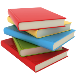 Stack of books with red, green, blue, yellow, and orange covers