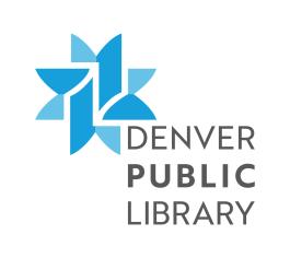 Blue and light blue book logo pattern with "Denver Public Library" text offset. 
