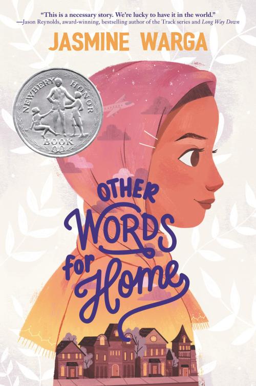 Book cover of Other Words for Home with a girl wearing a hijab above a street with brick buildings
