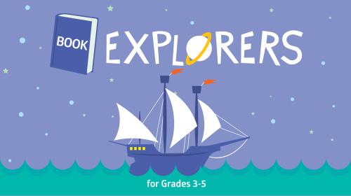 A purple ship with white sails sailing on a green ocean. Text says Book Explorers.
