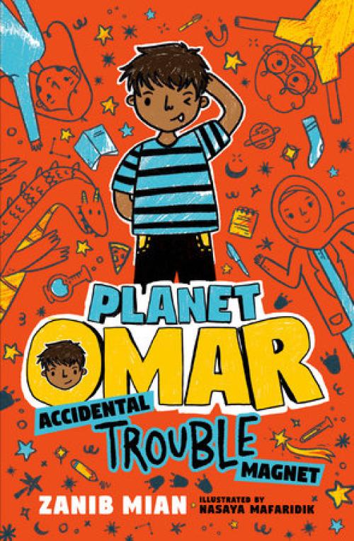 Book cover of Planet Omar: Accidental Trouble Magnet with a smiling kid surrounded by doodle drawings.