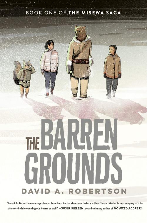 The Barren Grounds book cover with four people walking through the snow. Two humans, one bear and one squirrel.