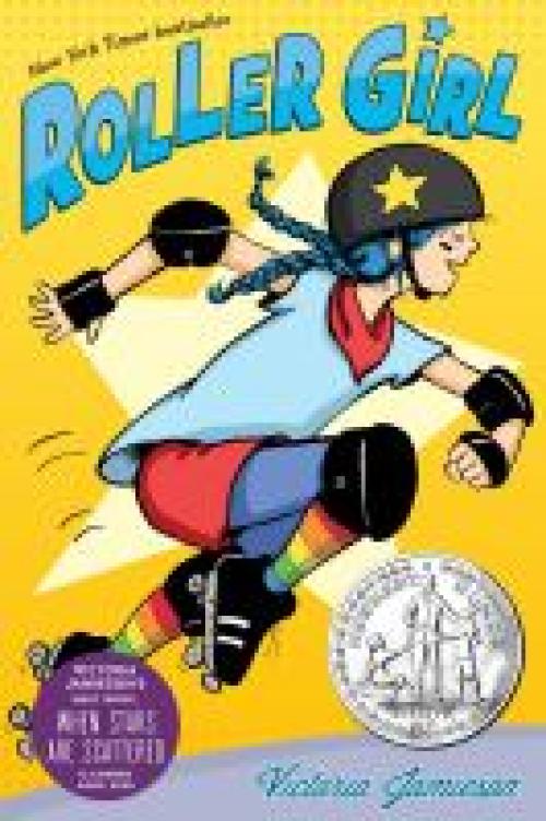 Roller Girl book cover with an excited girl with blue hair wearing roller skates and a helmet.