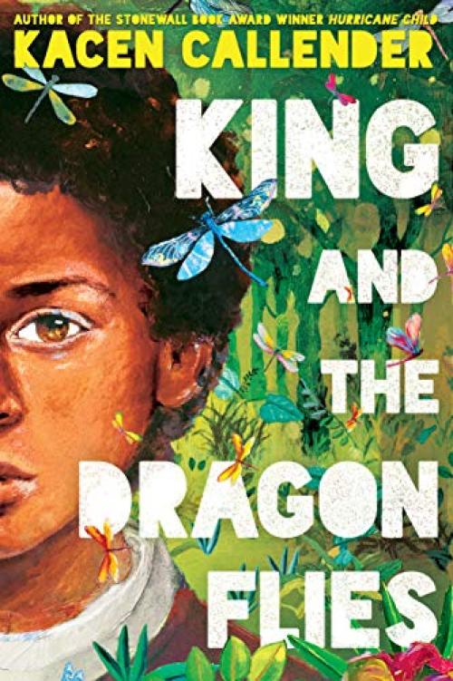 Book cover of King and the Dragonflies with a boy with brown skin staring the viewer while dragonflies fly.