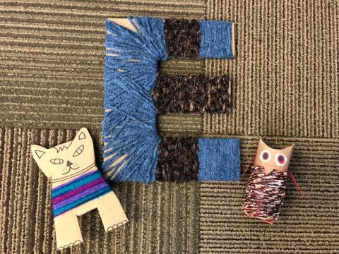yarn wrapped letter, owl, cat