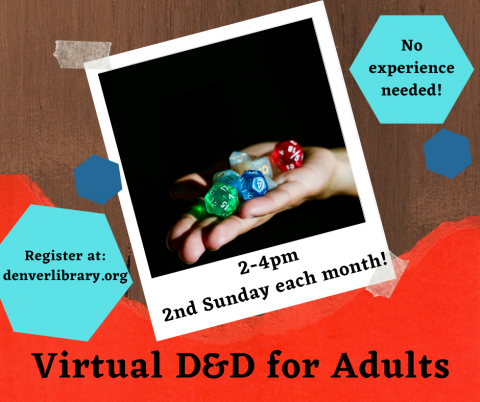 Words with Virtual DnD for Adults and a picture of a hand holding a set of dice on a black background.