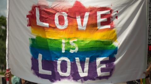 Rainbow flag with the text "Love is Love"