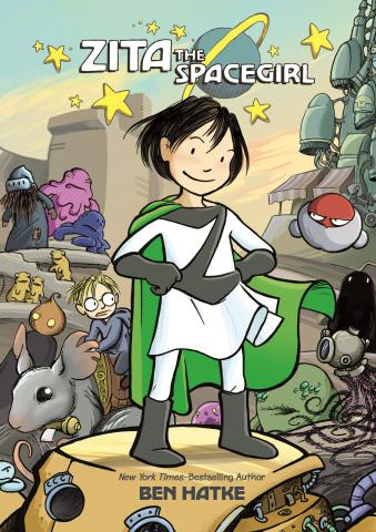 Cover of the book Zita the Spacegirl, Zita stands with her hands on her hips looking like a superhero!