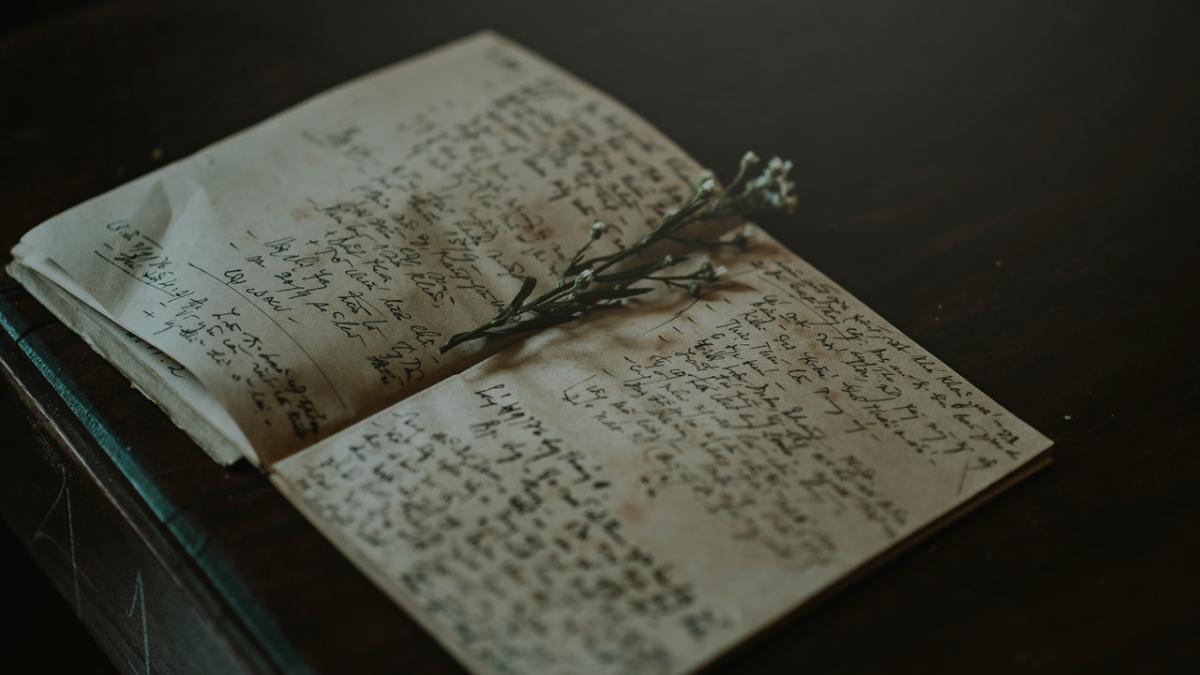 Journal full of writing with a sprig placed in the middle