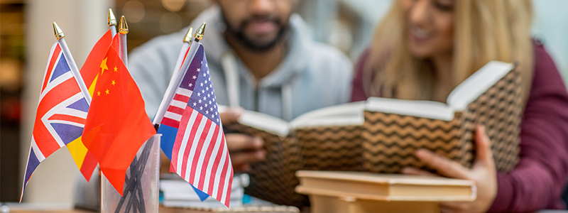 Adult student couple learning languages together in a study hall 