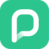 A stylized white letter P centered in a green background.